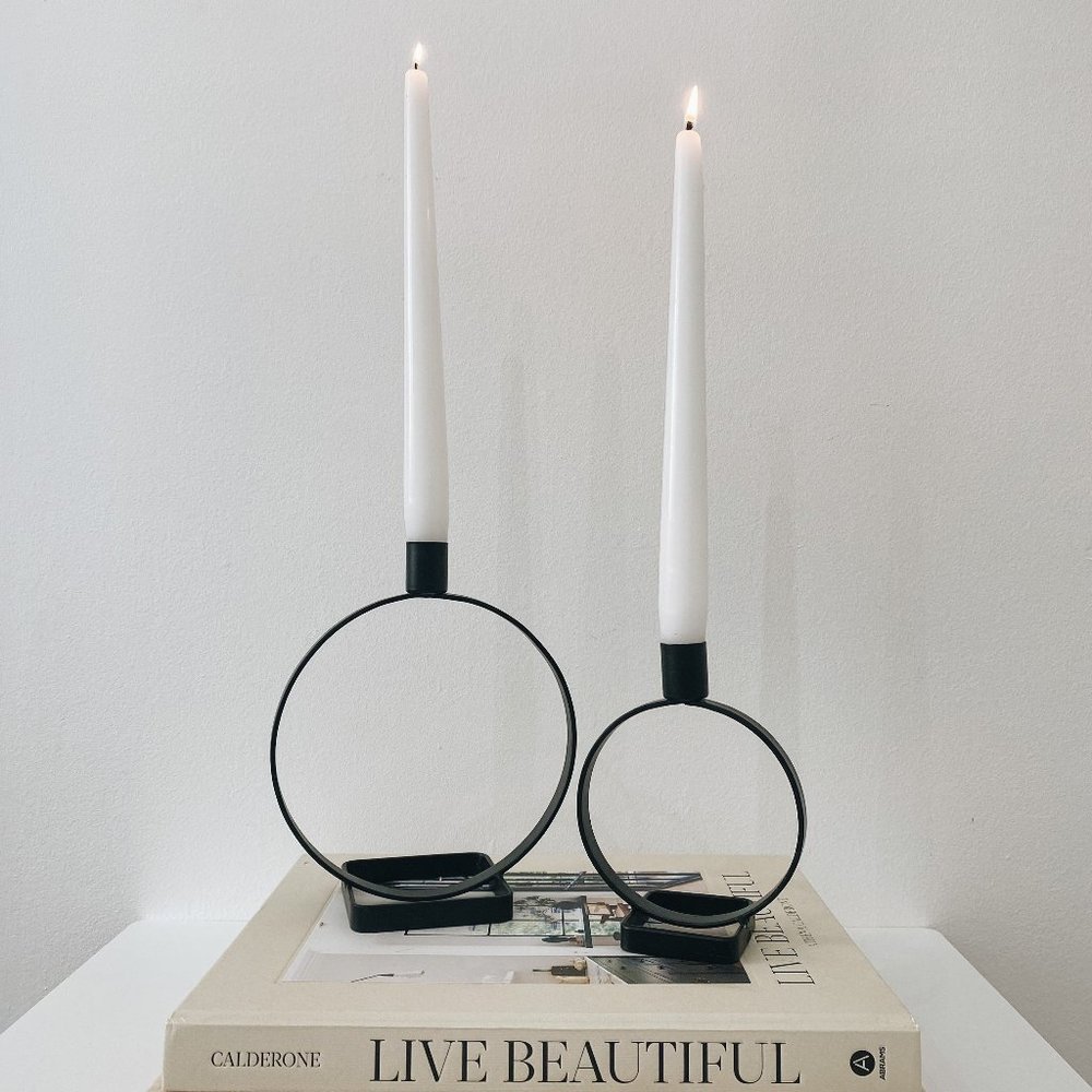 Black Metal Modern Circle Candle Holders, Set of 2